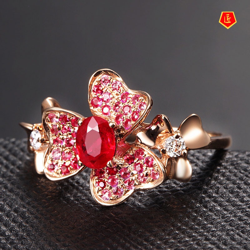 [Ready Stock]Fashion Elegant Rose Gold Flower Red Gem Ring