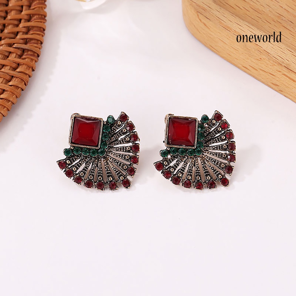 OW@ Women Vintage Ethnic Style Rhinestone Earrings Fan-Shaped Bohemian Ear Stud Gift