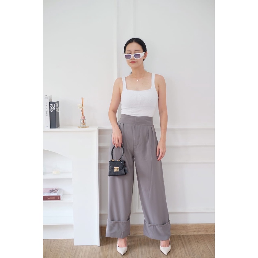 HOPYLOVY - Kulot Highwaist Long Pants Style Korea | Bawahan Wanita | Celana Panjang Wanita Polos | Kulot Highwaist Mega