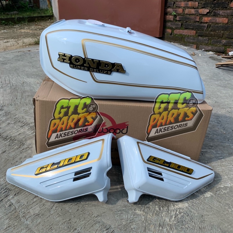 tangki tengki gl 100 pres pabrik warna putih set bok aki gl 100 set emblem tangki gl 100 striping st