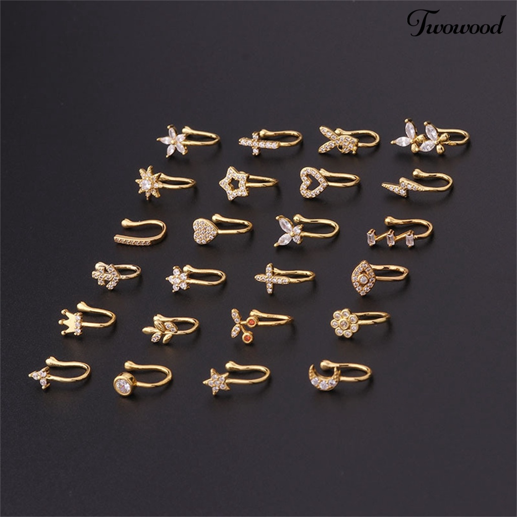 Twowood Nose Piercing Clip Eye-catching U Shape Copper Cubic Zirconia Multi-style Shiny  Ear Cuffs Nose Stud for Daily Wear