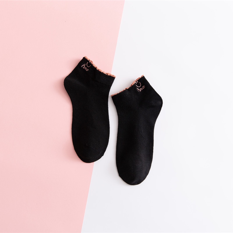 OVERFLOWS.ID Kaos Kaki Import Mata Kaki Ankle Sock Pendek Wanita Remaja Motif Smile Gelombang Kaos kaki Miki Lucu-SMILE HITAM
