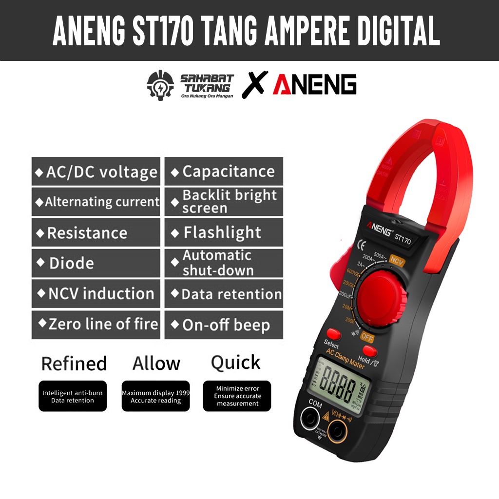 ANENG ST170 Tang Ampere Digital Clamp Meter Multimeter 1999 Counts 500A AC Current AC/DC Voltage Tes