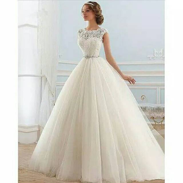 Gaun Pengantin Gaun Pesta Pernikahan Putih Elegant Tanpa Lengan Bordir Renda
