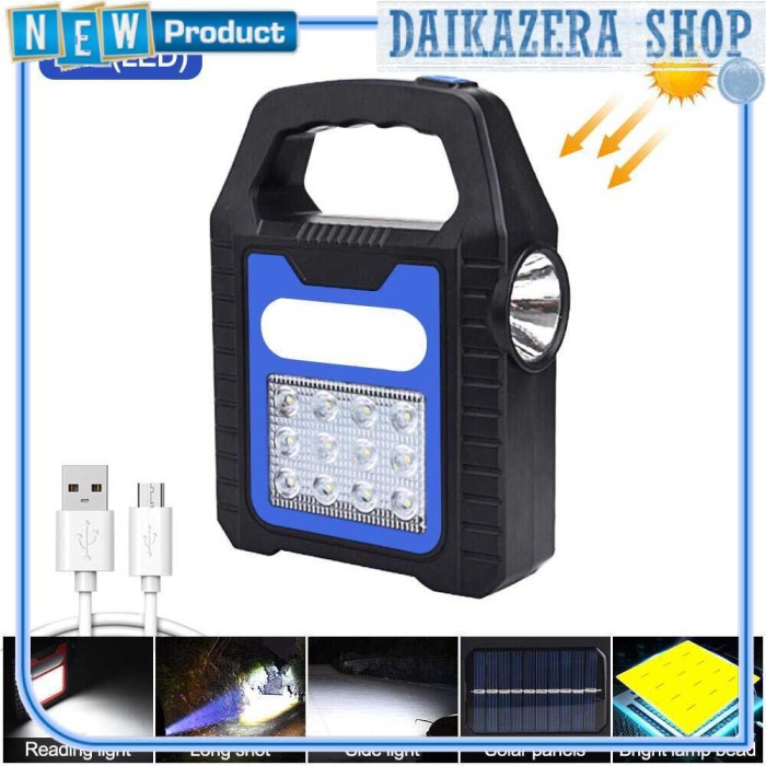 Lampu Emergency Senter Camping Lampu LED Solar Power Recharge 12 LED - Biru