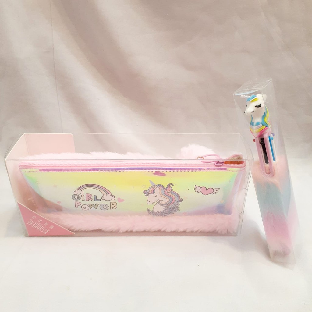 

kotak pensil gliter bulu unicorn unik murah import
