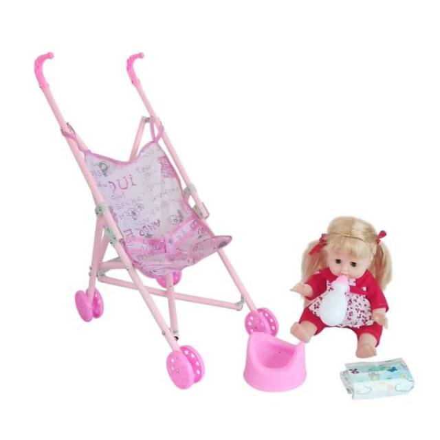 Stroller dan Boneka Lucu Bisa Minum Ngompol Ada Popok Bayi