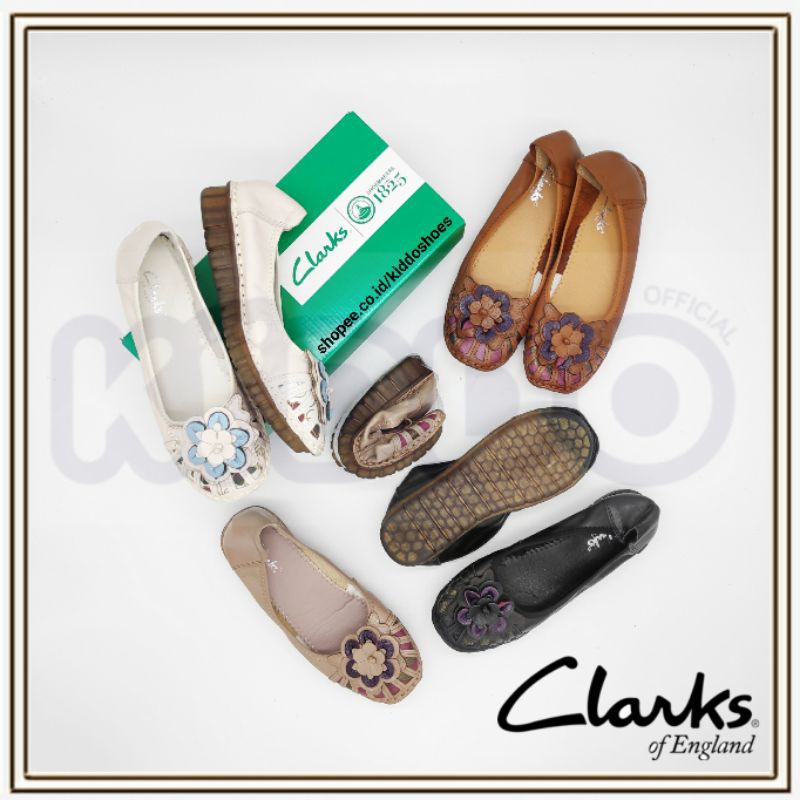 CLARKS Bergenia Flower 858 Sepatu Flat Wanita Kulit Sapi Original