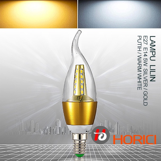 Horici Asli Lampu Lilin 5 Watt Hias Variasi Led Bohlam Candle 600 Lumen Fitting E27 Dan E14 Putih Kuning