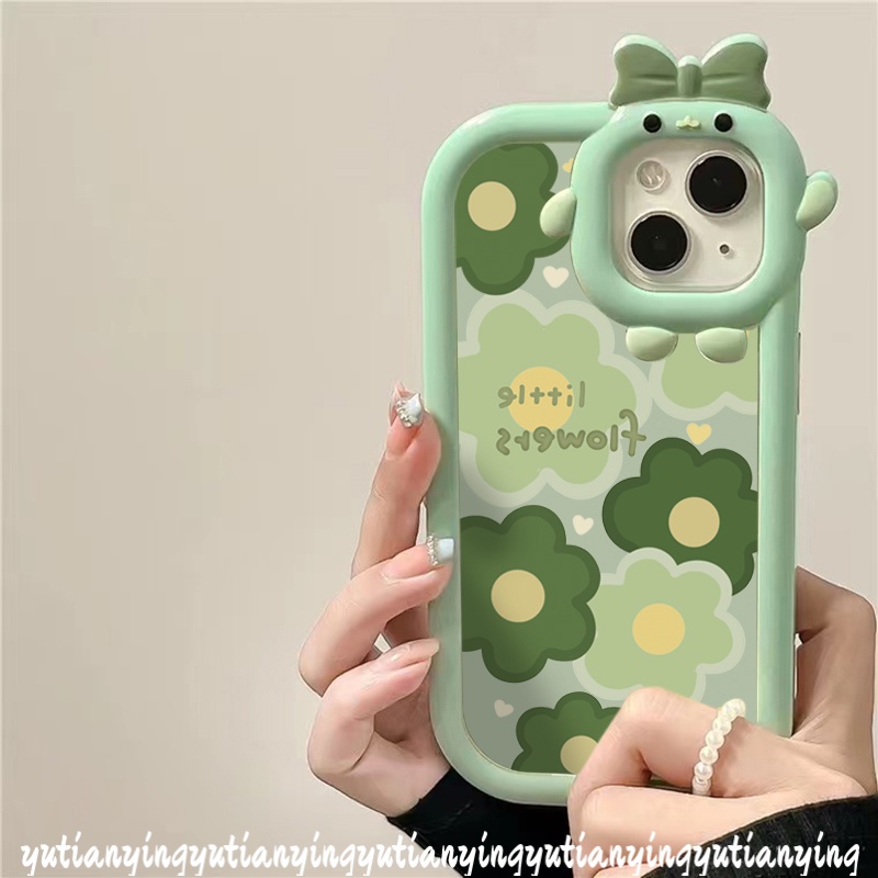 Ins Case Bunga Hijau Oppo A17 A7 A5s A54 A57 2022 A76 A96 A3s A5 A9 A55 A16s A15 A12 A17K Reno 4F 5F 5 7 A53 A74 A95 A16K A52 A15s A16 A31 3D Bow-knot Monster Kecil Lensa Sarung Cover Sarung