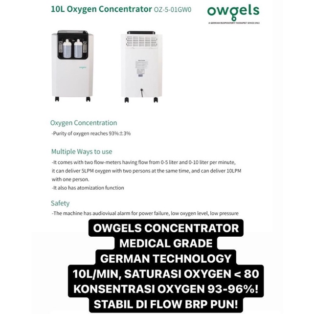 OWGELS OXYGEN CONCENTRATOR 10L GRADE GERMAN ORIGINAL GENERATOR OKSIGEN READY STOCK