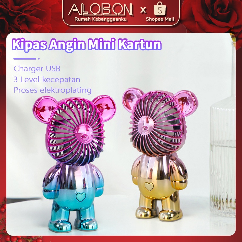 ALOBON Kipas Angin Mini Portable Karakter Bearbrick Meja USB Cas 3 Pengaturan Kecepatan Bentuk Beruang Alas Anti Selip Bagian Bawah