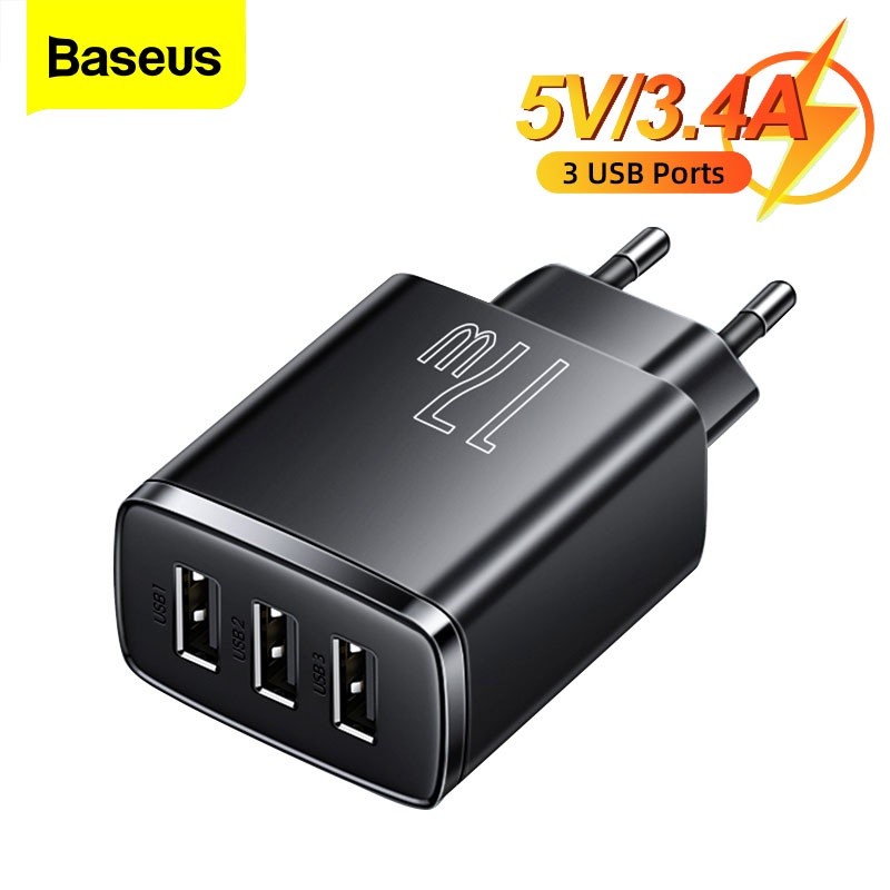 Baseus Original Adaptor Charger Compact 17W 3.4A 3 USB Port Kepala Adapter Casan Tiga Lobang Ori