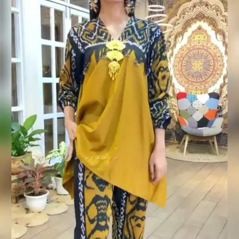 Nadisfa Setelan Baju Tenun Etnik Wanita Mustard Kombisasi Kain Toyobo Premium Set Celana Panjang