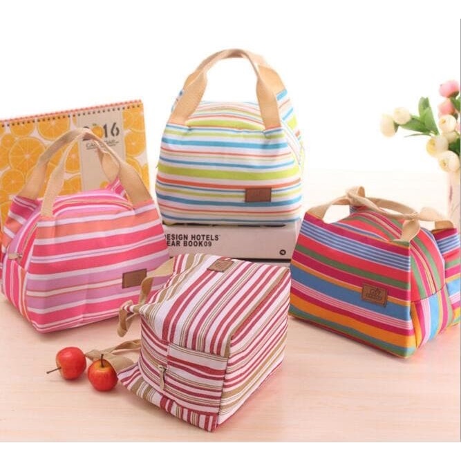 Promo Terbaru!!!  Tas Bekal Lapis Aluminium Tahan Panas Dingin Lunch Cooler Bag Salur Motif Garis Berkualita