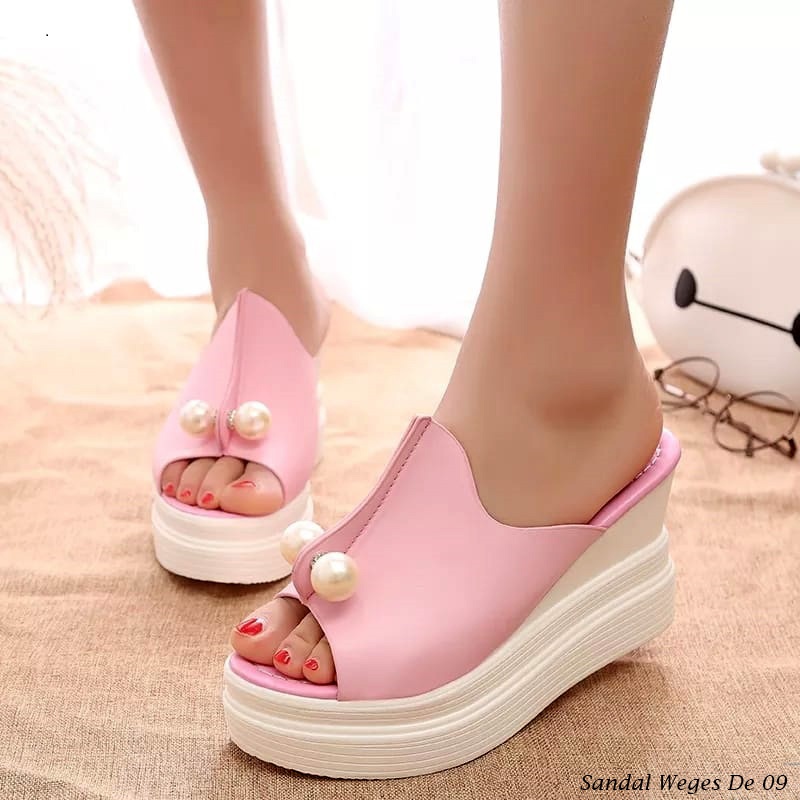 DE 09  Pink/Sandal Wedges Wanita Jalan - Jalan Kerja  Hak Tinggi Motif Mutiara Size 37 Sampai 40