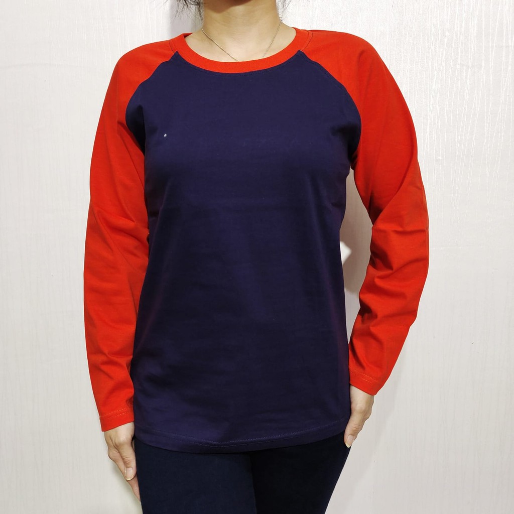 Kaos polos reglan navy lengan orange panjang M L XL XXL