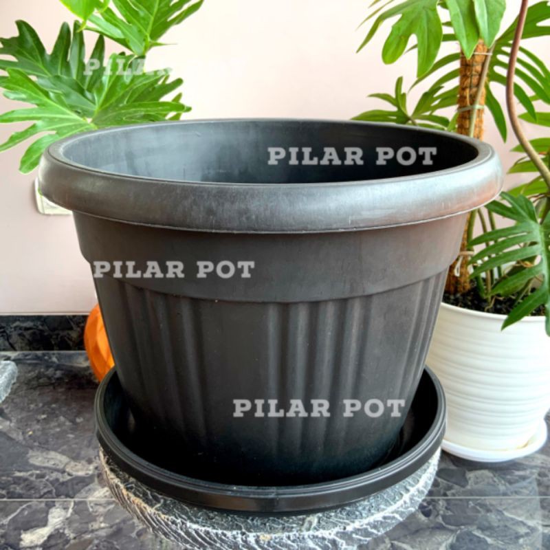 Pot bunga plastik hitam GRACE 35cm +tatakan bawah