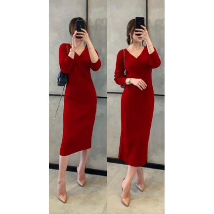 MDLV ~ Dress Monica Rajut Dres Rajut Bodycon Long Dress Lengan Panjang Fashion Wanita