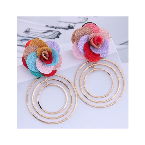 LRC Anting Tusuk Fashion Rose Flower Metal Circle Stud Earrings A63306