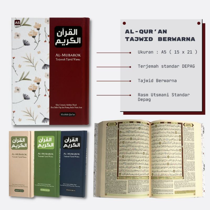 

Al Quran Al Mubarok A5 Hard Cover Terjemah Tajwid Warna Khalifah Quran