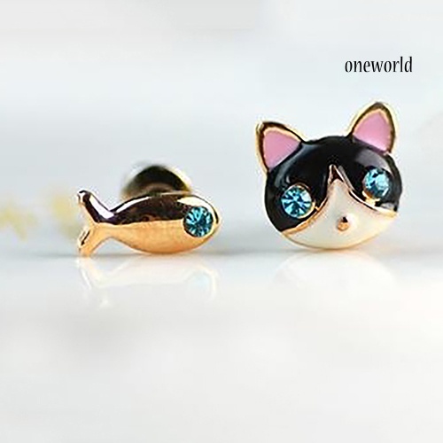 OW@ 1 Pair Korean Women Cute Cat Fish Rhinestone Stud Earrings Fashion Jewelry