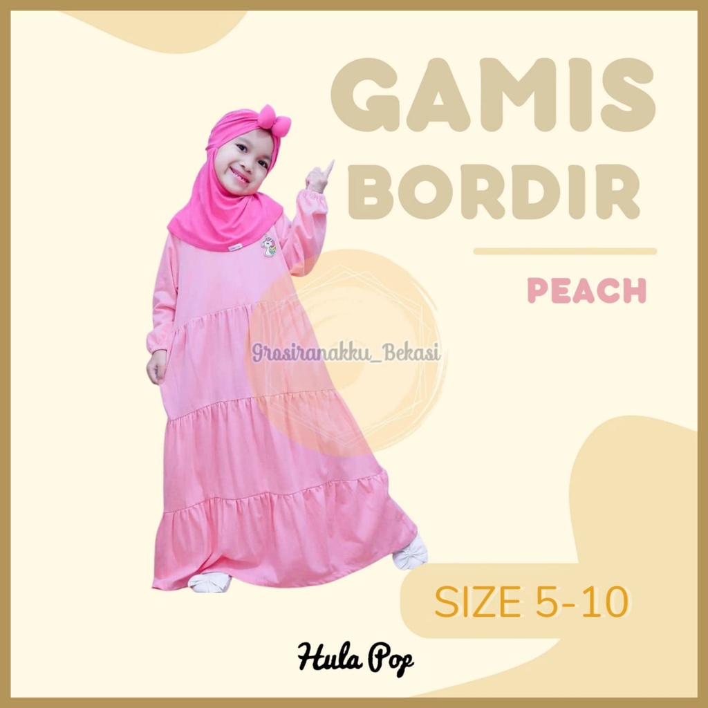 Gamis Kaos Anak Aplikasi Bordir Warna Peach Size 5-10Tahun