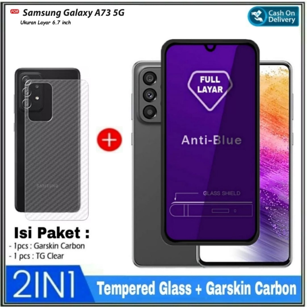 PAKET 2IN1 Tempered Glass Anti Blue Light Samsung A73 5G + Garskin Carbon DI ROMAN ACC
