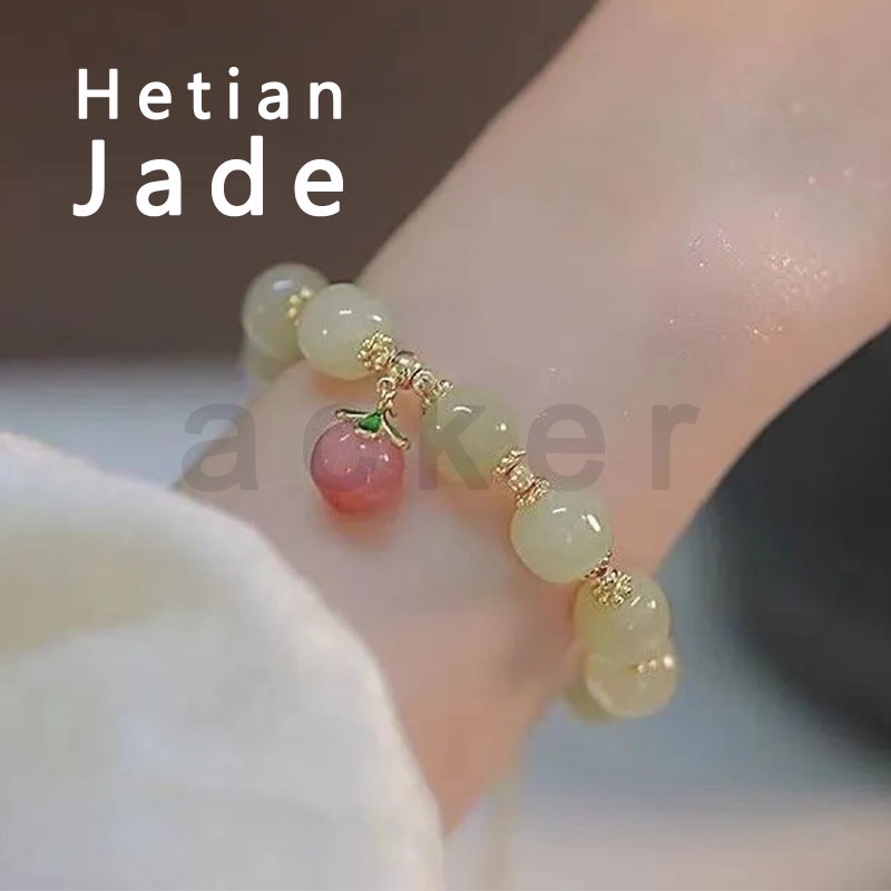 Ins Gelang Tangan Manik-Manik Batu Jade Hetian Natural Warna Peach Untuk Wanita ACKER