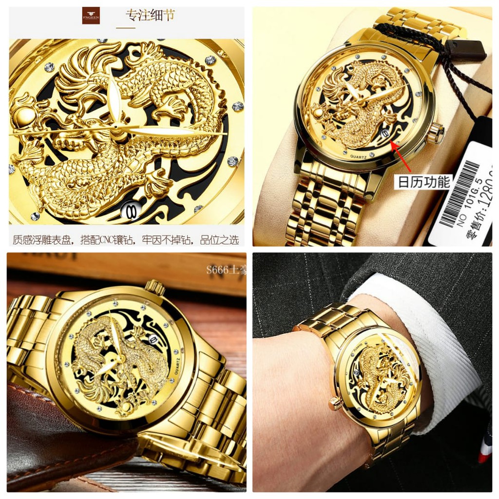 JAM TANGAN IMPORT PRIA FNGEEN ORIGINAL MOTIF JAM006G1 DRAGON MURAH NAGA EMAS RANTAI GOLD BRANDED ORI