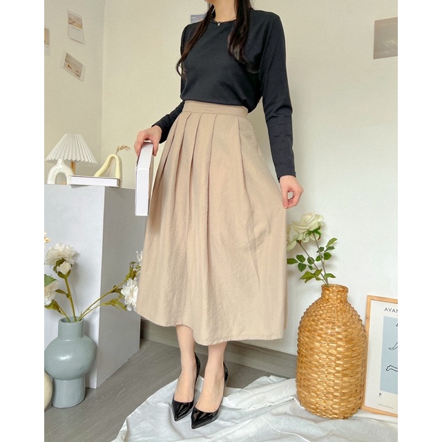KANON - Saba Pleated Skirt - Rok midi korean lipit katun linen