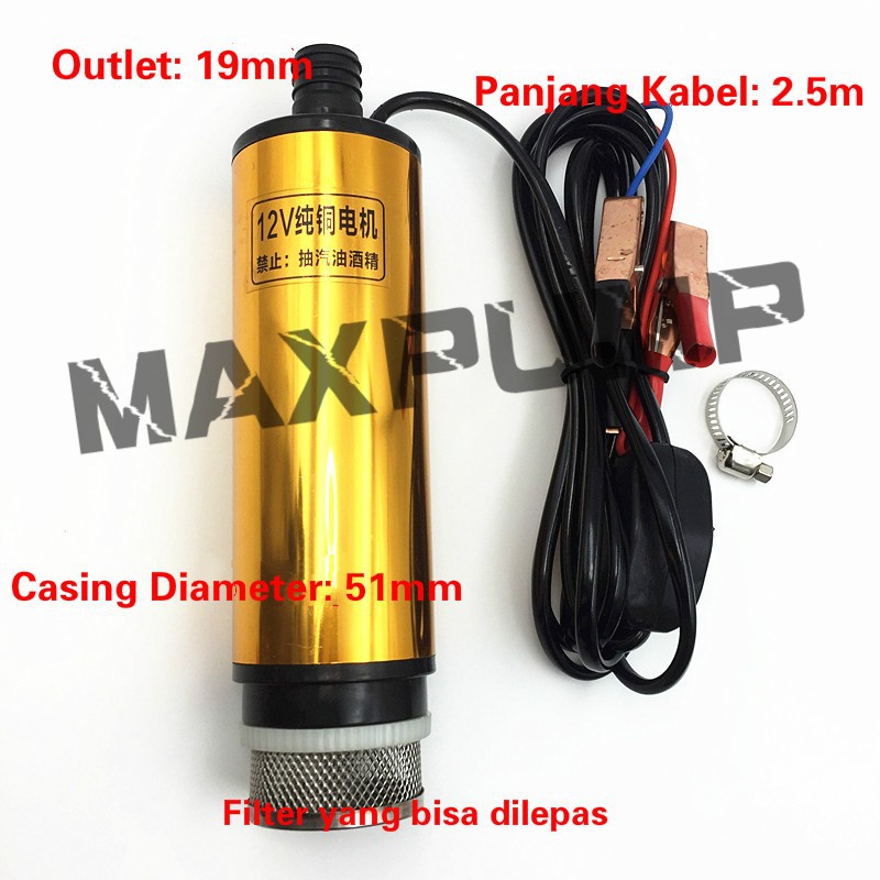 MAXPUMP DC12V 51MM FILTER Pompa air celup mini Kecil Portable 12volt Diesel Pump Mini Oli Minyak Pompa Mini