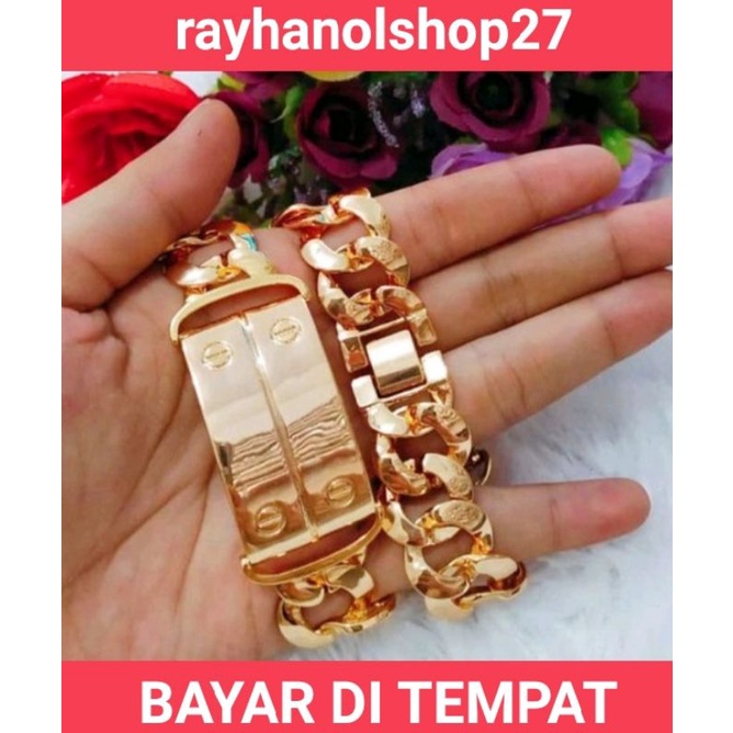 PERHIASAN WANITA DEWASA GELANG TANGAN RANTAI TITANIUM GOLD JUMBO LAPIS EMAS 24 K ANTI KARAT 4 VARIASI MOTIF PILIHAN MODEL NYA