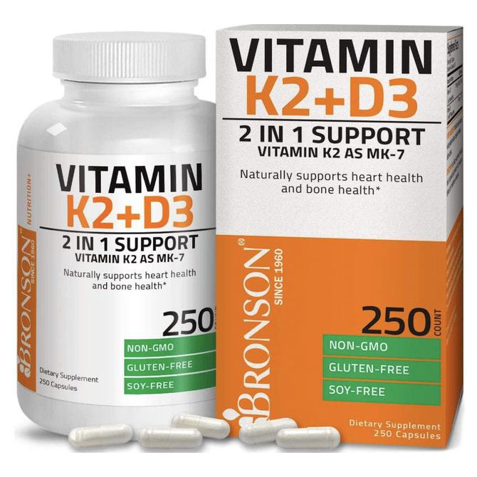 Bronson Vitamin K2 MK-7 Plus Vitamin D3 D-3 K2 D3K2 250 Capsules Lc