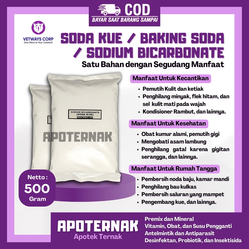 BAKING SODA 500gr  Soda Kue Untuk Kue, Pakan Ternak, Kecantikan, Kesehatan, Keperluan Rumah Tangga | 500 gr | Apoternak