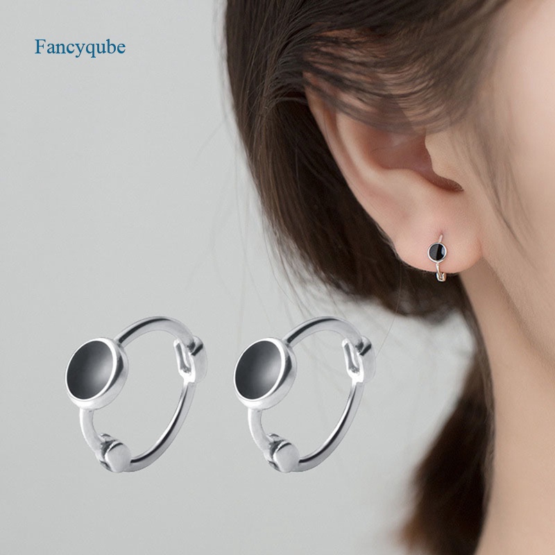 Fancyqube Anting Hoop Enamel Estetik Model Minimalis Warna Hitam Untuk Pria Dan Wanita