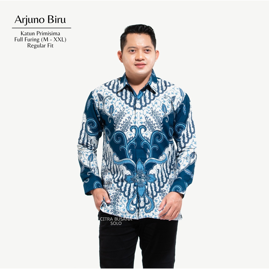 ARJUNO BIRU Kemeja Batik Pria Full Furing Bahan Katun Primisima