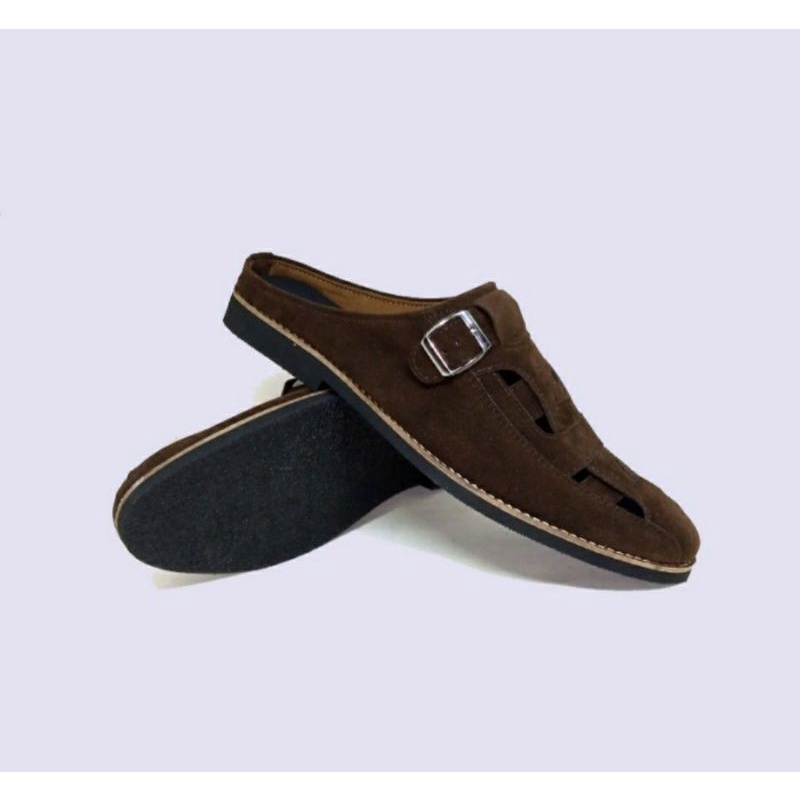 Bisa COD / Sandal Bustong Formal Pria Big Size 43-47 Sendal Slop Casual Exclusive Kulit Bapak2 Coklat Jumbo Size Besar,43