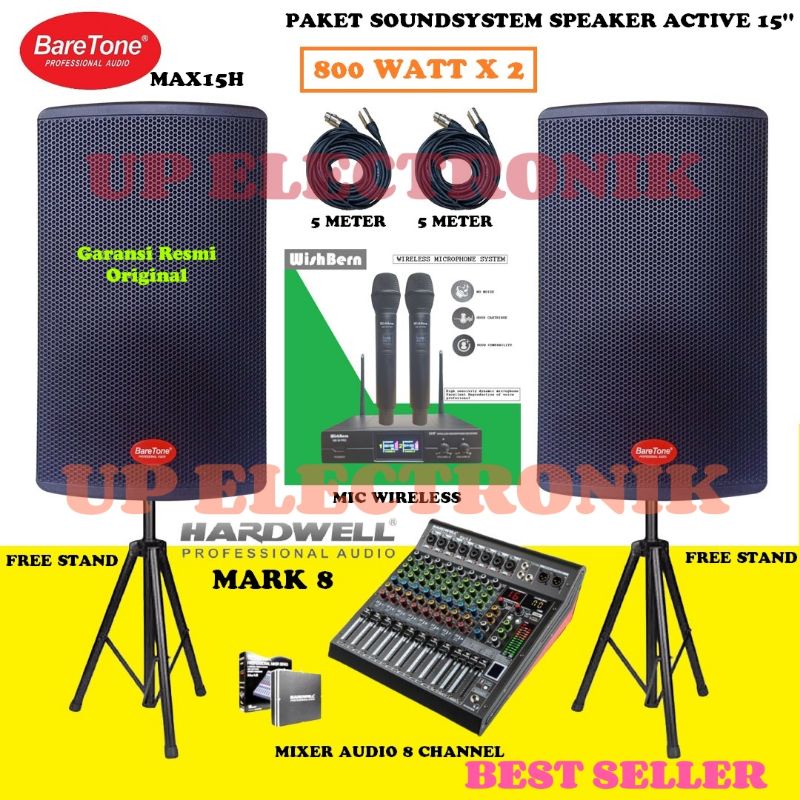 Paket Karaoke Baretone 15 inch Max15H+Mixer Hardwell Mark 8 + Stand Dan Kabel Baretone Max15H 800W+Hardwell Mark 8 Original