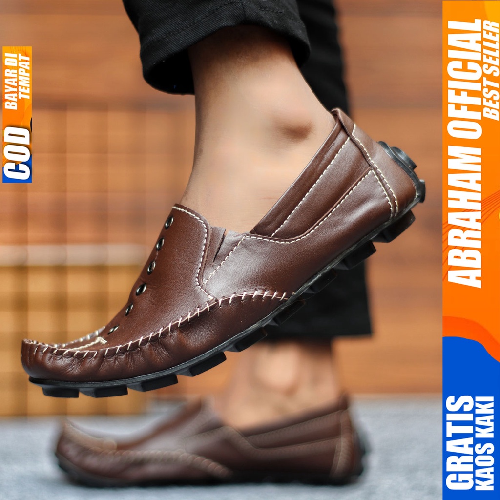 Sepatu Casual Pria Formal Slip On Pantofel Kulit Asli Kerja Kantor Kondangan Kuliah Hitam Fashion Shoes Terbaru Murah Kekinian Original DEON ABRAHAM