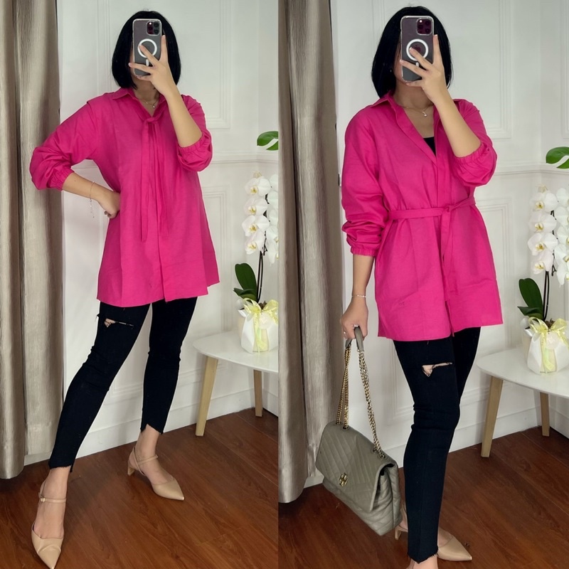 KEMEJA LINEN OVERSIZE BAJU KANCING FULL DEPAN KEMEJA TALI DRESS LINEN