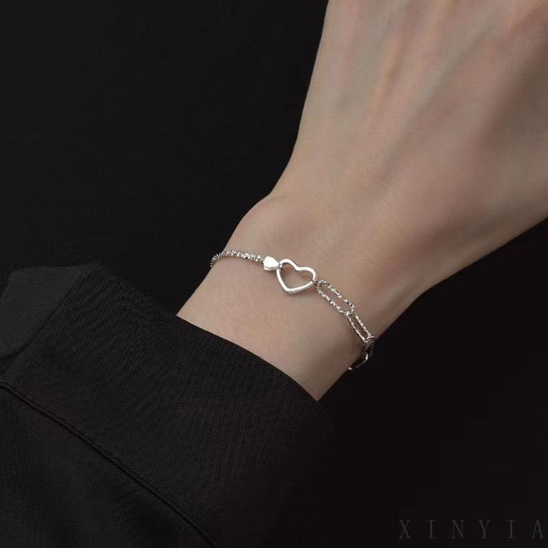 【Bayar di tempat】Gelang Rantai Asimetris Desain Hati Hollow Untuk Wanita Korea Gelang Fashion Ganda Cinta Hati Bangle Wanita Perhiasan Aksesoris