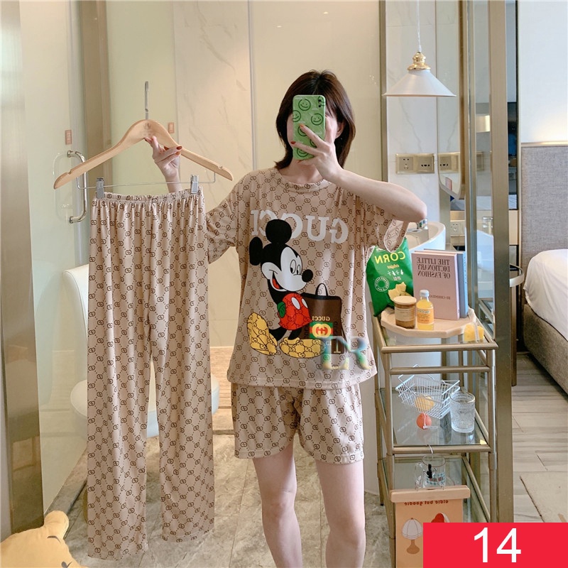 Baju Tidur Setelan Tiga Potong Celana Panjang + Pendek Piyama Wanita Dewasa 3 Potong pcs Kimono Lengan Pendek All Size Kimono Mickey Minnie Mouse