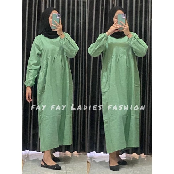 Seika Curve Midi Dress Katun Linen Rami Polos Busui Friendly Resleting Depan