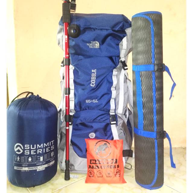 Paket alat gunung Tas 70L, Trackingpole, SB, RC