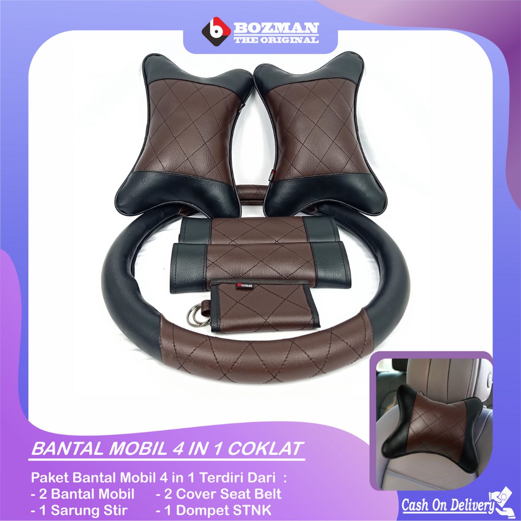 Set Bantal Mobil 4 In 1 Cokelat Kulit Sintetis / Aksesories Mobil Bantal Mobil Sarung Stir Cover Seatbelt Dompet STNK