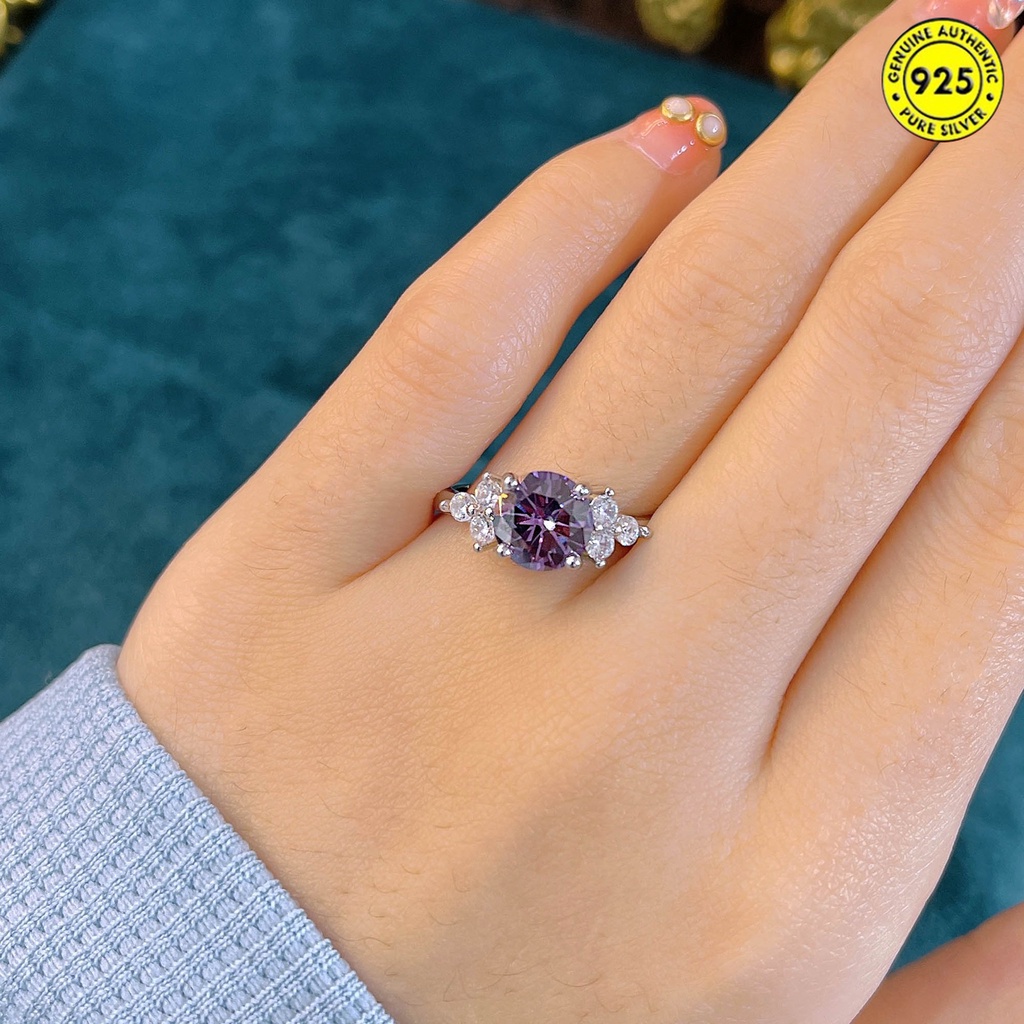 Cincin Bahan Sterling Silver 925 Hias Berlian 1 Karat Warna Ungu Untuk Wanita