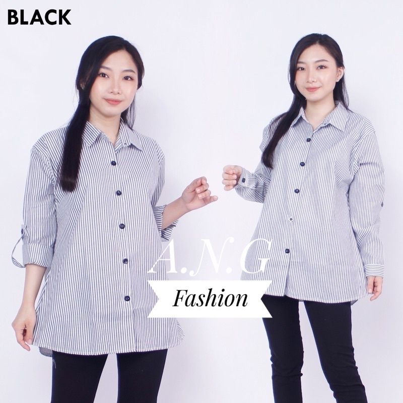 Kemeja Wanita Basic Trendy Lengan Panjang Salur Premium/ Atasan Wanita-1
