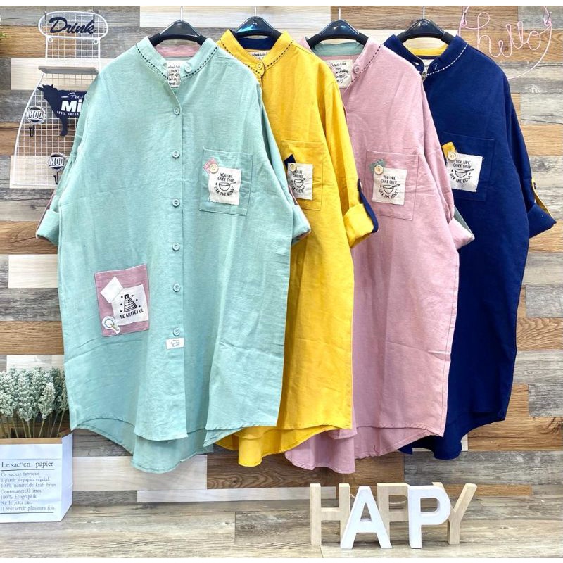 Tunik Kemeja Katun Linen Import Kerah Shanghai Bordir Aplikasi Lucu LUBANa#6319