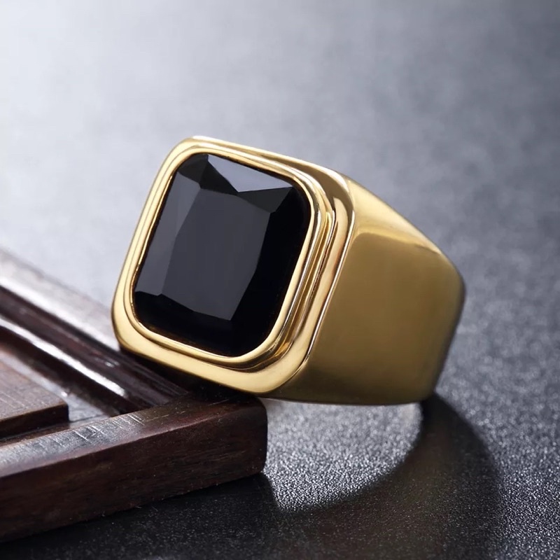 Cincin Pria Octagon Minimalis Batu Hitam Ring Gold Titanium Stainless Steel Anti Karat Tahan Luntur